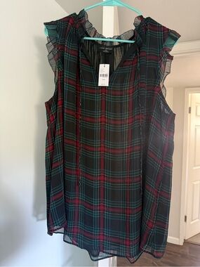 Lane Bryant Black Plaid/tartan Ruffle Sleeve Sleeveless Top winter holiday